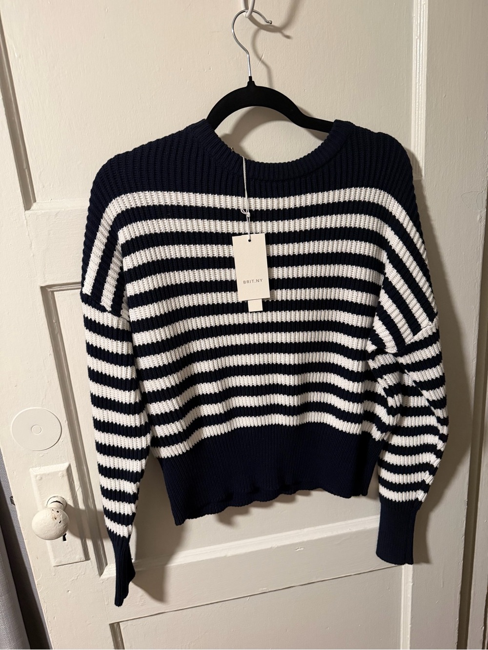 NWT Brit.NY Women’s Classic Navy Striped Ribbed Knit Sweater 100% Cotton Small